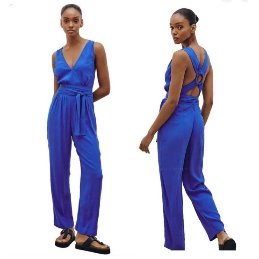 ViX Paula Hermanny Hannah Size 2 Solid Royal Blue Strappy Belted Jumpsuit NWT
